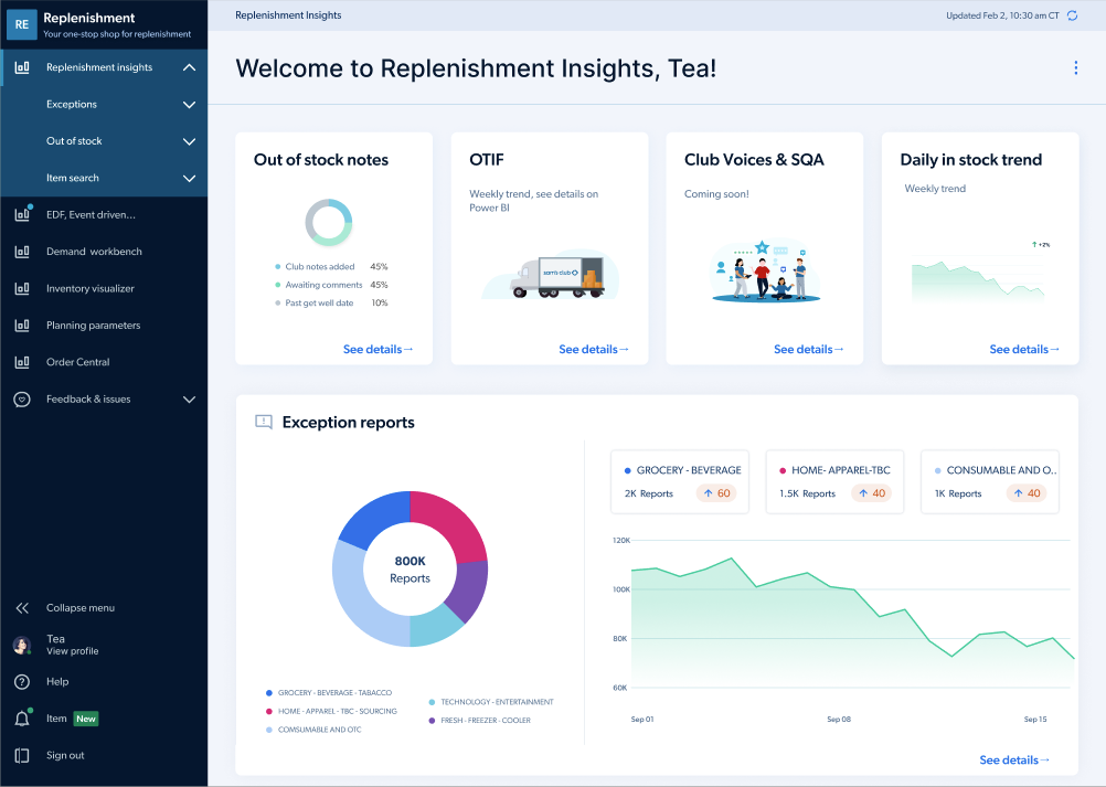 Replenishment Insights dashboard showing out of stock notes, exception reports, and inventory trends