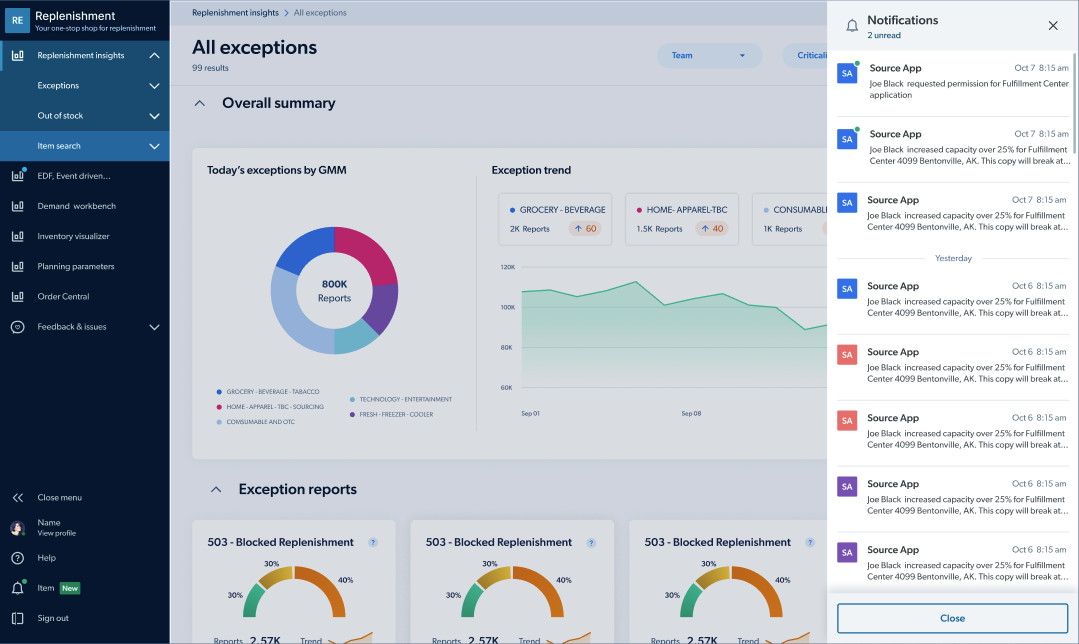 Replenishment Insights all exceptions view
