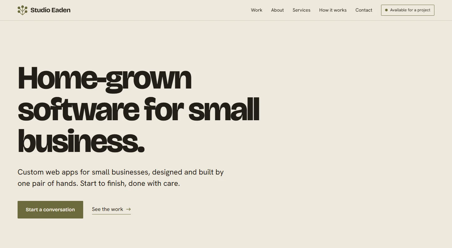 The Studio Eaden homepage: the headline Home-grown software for small business, with a Start a conversation button.